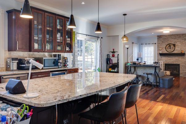 Fireplace, Interior, Kitchen, Pendant Lights, Recessed Lighting, Stone Walls, Wood Texture Flooring