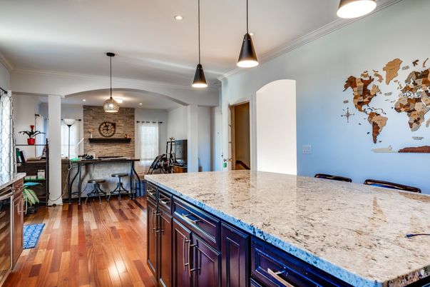 Interior, Kitchen, Pendant Lights, Recessed Lighting, Stone Walls, Wood Texture Flooring