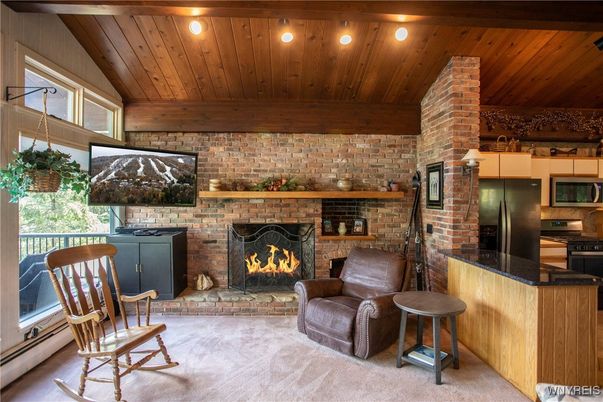 Fireplace, Interior, Kitchen, Recessed Lighting, Stone Walls, Wooden Beams, Wooden Ceilings