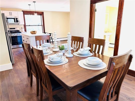 Dining room, Interior, Kitchen, Pendant Lights, Stainless Steel Appliances, Wood Texture Flooring