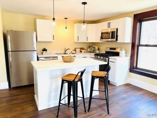 Interior, Kitchen, Pendant Lights, Stainless Steel Appliances, Wood Texture Flooring