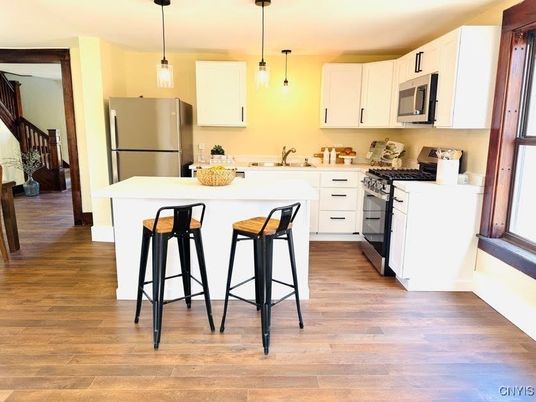 Interior, Kitchen, Pendant Lights, Wood Texture Flooring