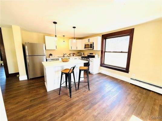 Interior, Kitchen, Pendant Lights, Stainless Steel Appliances, Wood Texture Flooring