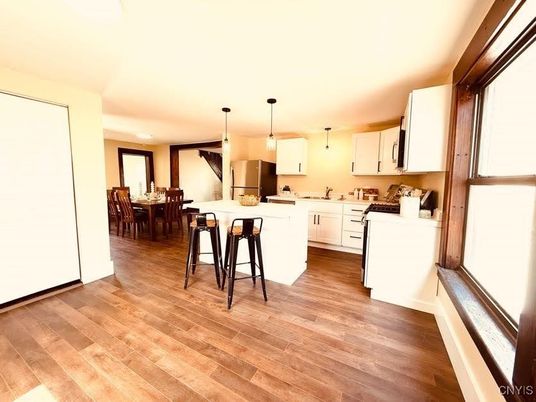 Dining room, Interior, Kitchen, Pendant Lights, Wood Texture Flooring