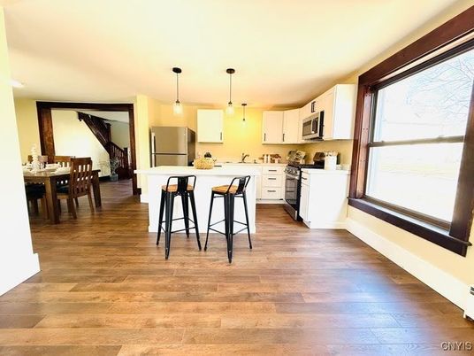 Dining room, Interior, Kitchen, Pendant Lights, Wood Texture Flooring