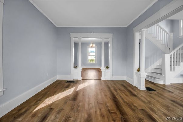 Empty room, Interior, Pendant Lights, Wood Texture Flooring