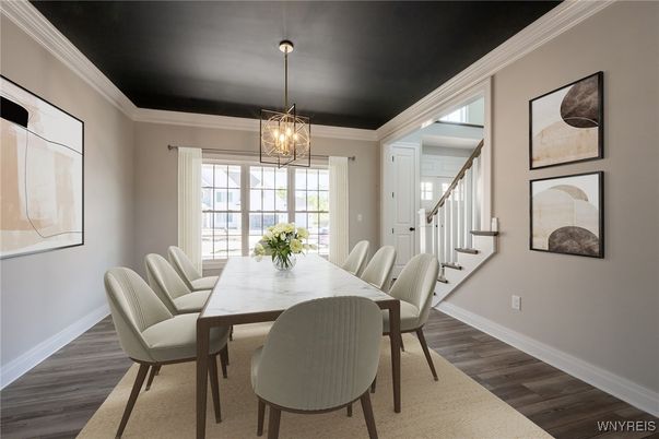 Dining room, Interior, Pendant Lights, Wood Texture Flooring