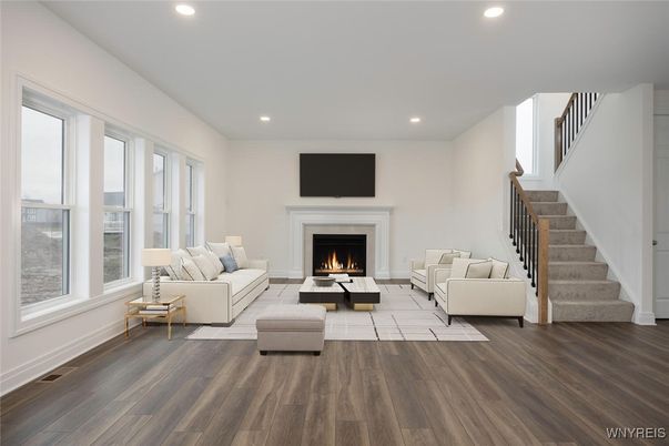 Fireplace, Interior, Living room, Recessed Lighting, Wood Texture Flooring