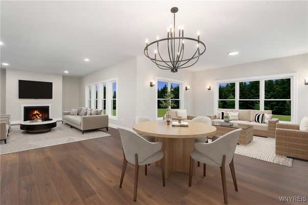 Chandelier, Dining room, Fireplace, Interior, Living room, Recessed Lighting, Wood Texture Flooring