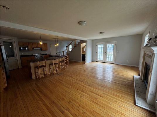 Fireplace, Interior, Kitchen, Pendant Lights, Wood Texture Flooring