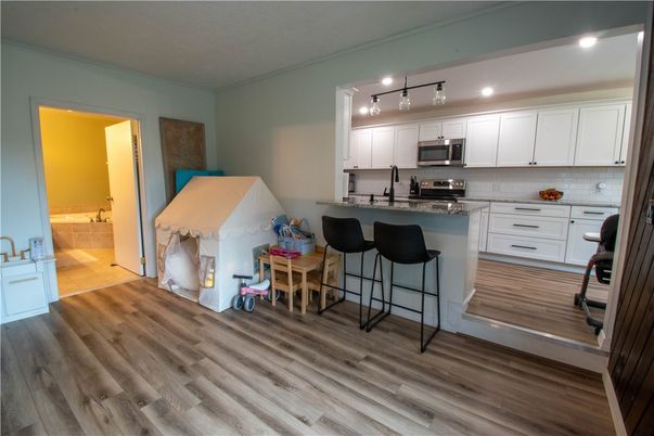 Interior, Kitchen, Recessed Lighting, Stainless Steel Appliances, Wood Texture Flooring