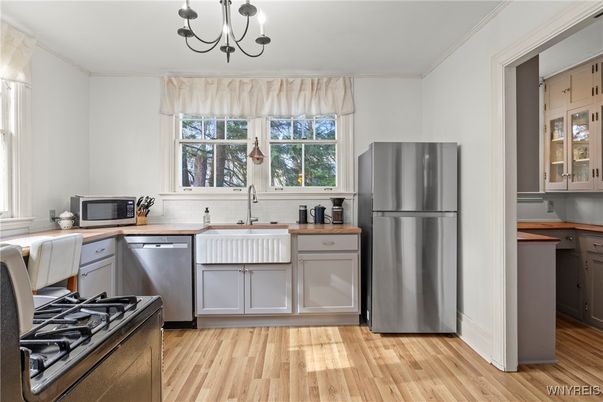 Chandelier, Interior, Kitchen, Stainless Steel Appliances, Wood Texture Flooring