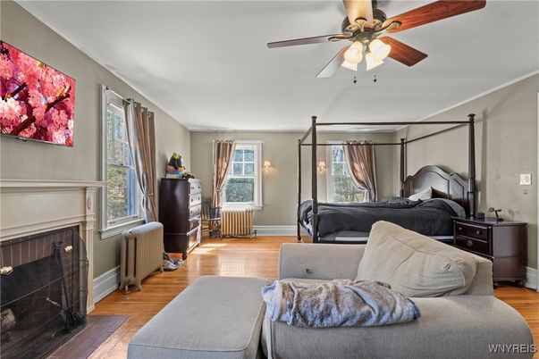 Bedroom, Fireplace, Interior, Wood Texture Flooring