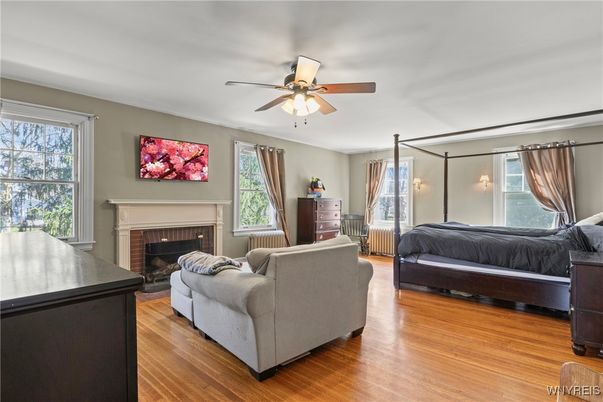 Bedroom, Fireplace, Interior, Wood Texture Flooring