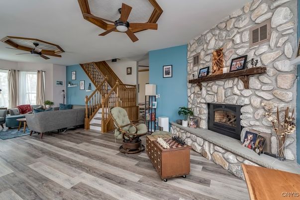 Fireplace, Interior, Living room, Stone Walls, Wood Texture Flooring