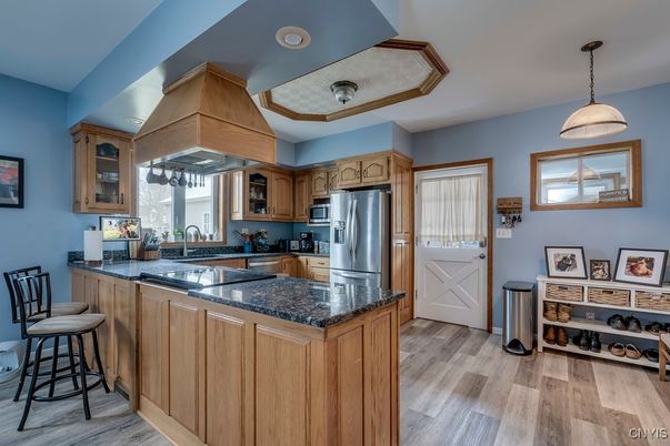 Interior, Kitchen, Pendant Lights, Stainless Steel Appliances, Wood Texture Flooring