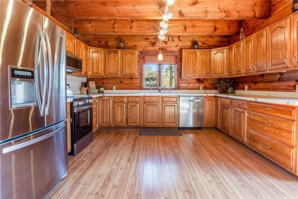 Interior, Kitchen, Pendant Lights, Stainless Steel Appliances, Wooden Ceilings, Wood Texture Flooring