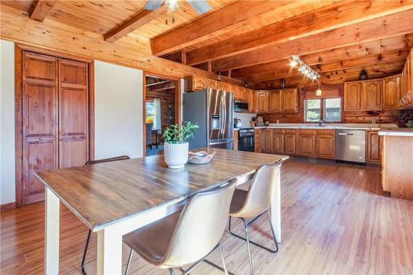 Dining room, Interior, Kitchen, Stainless Steel Appliances, Wooden Beams, Wooden Ceilings, Wood Texture Flooring