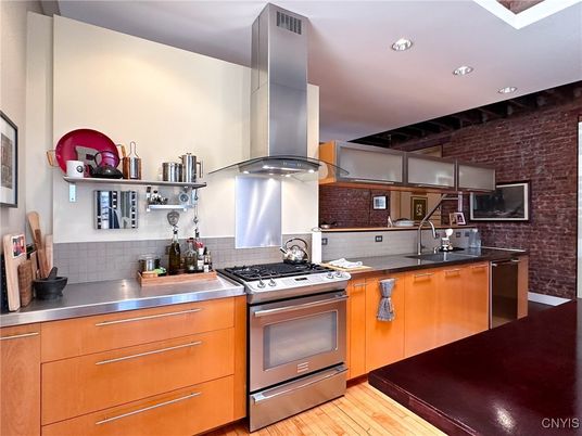 Interior, Kitchen, Recessed Lighting, Stainless Steel Appliances, Wood Texture Flooring