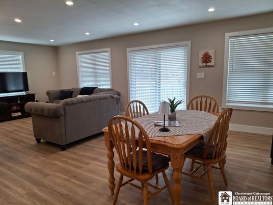 Dining room, Interior, Living room, Recessed Lighting, Wood Texture Flooring