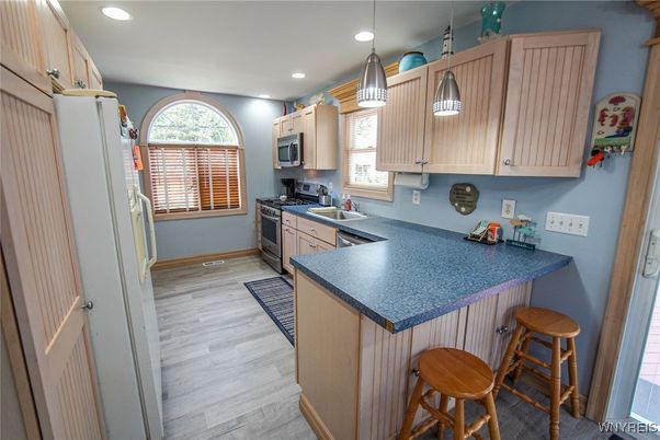 Interior, Kitchen, Pendant Lights, Recessed Lighting, Wood Texture Flooring