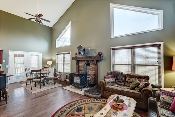 Dining room, Fireplace, Interior, Living room, Wood Texture Flooring