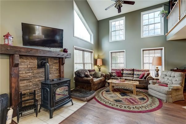 Fireplace, Interior, Living room, Stone Walls, Wood Texture Flooring