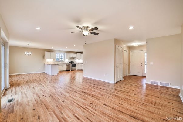 Empty room, Interior, Kitchen, Pendant Lights, Recessed Lighting, Wood Texture Flooring