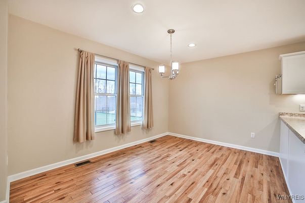 Empty room, Interior, Pendant Lights, Recessed Lighting, Wood Texture Flooring