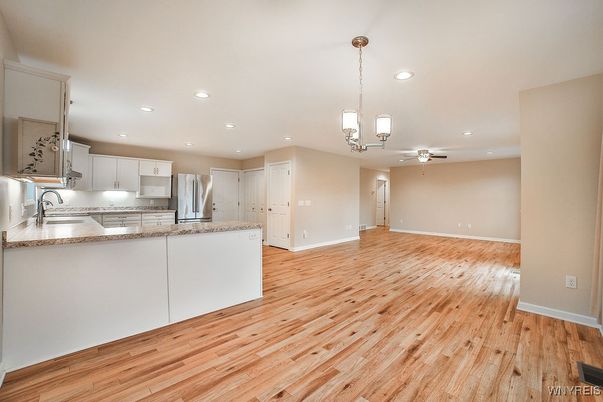 Interior, Kitchen, Pendant Lights, Recessed Lighting, Wood Texture Flooring