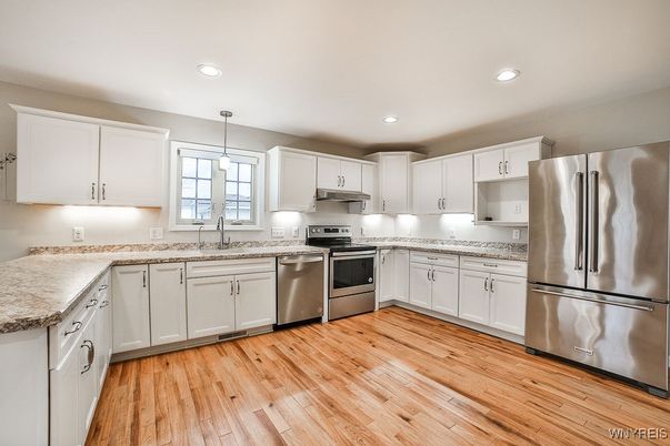 Interior, Kitchen, Pendant Lights, Recessed Lighting, Stainless Steel Appliances, Wood Texture Flooring
