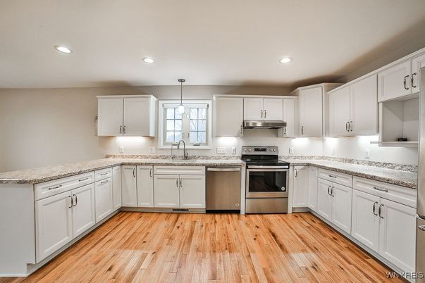 Interior, Kitchen, Pendant Lights, Recessed Lighting, Stainless Steel Appliances, Wood Texture Flooring