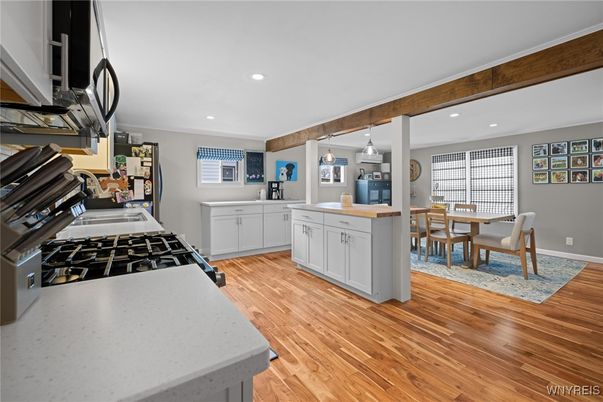 Dining room, Interior, Kitchen, Pendant Lights, Recessed Lighting, Wood Texture Flooring