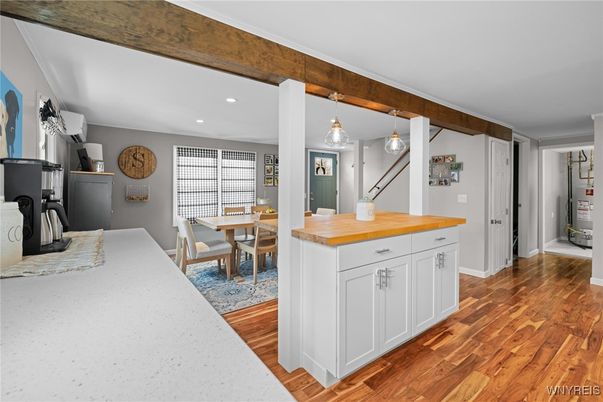 Dining room, Interior, Kitchen, Pendant Lights, Recessed Lighting, Wood Texture Flooring