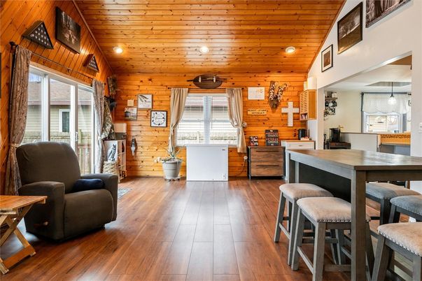 Dining room, Interior, Pendant Lights, Recessed Lighting, Wooden Ceilings, Wood Texture Flooring, Wooden Walls