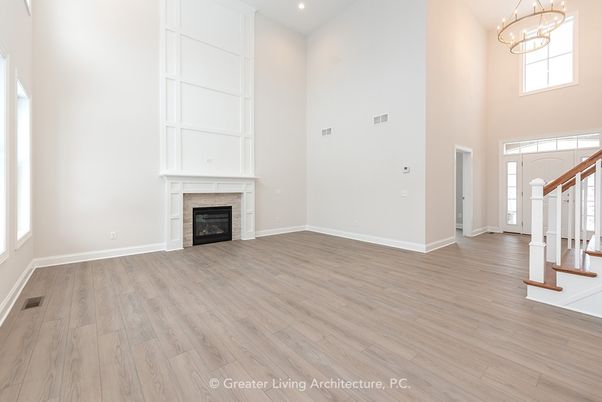 Empty room, Fireplace, Interior, Pendant Lights, Recessed Lighting, Wood Texture Flooring