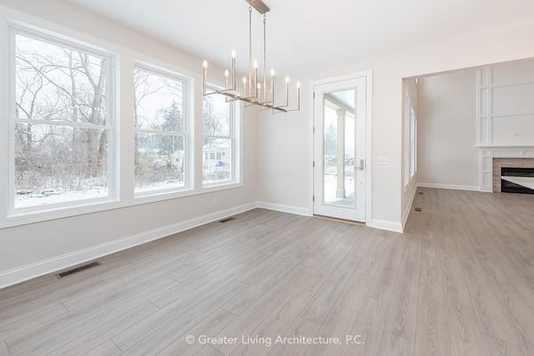 Empty room, Fireplace, Interior, Pendant Lights, Wood Texture Flooring