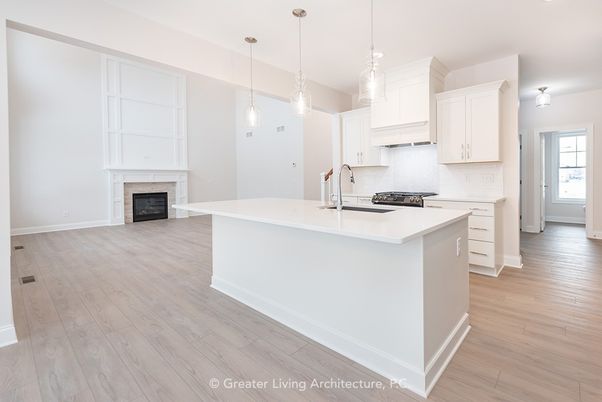 Fireplace, Interior, Kitchen, Pendant Lights, Wood Texture Flooring