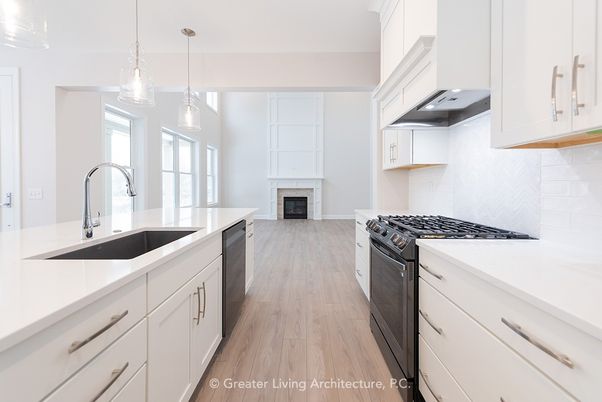 Fireplace, Interior, Kitchen, Pendant Lights, Stainless Steel Appliances, Wood Texture Flooring