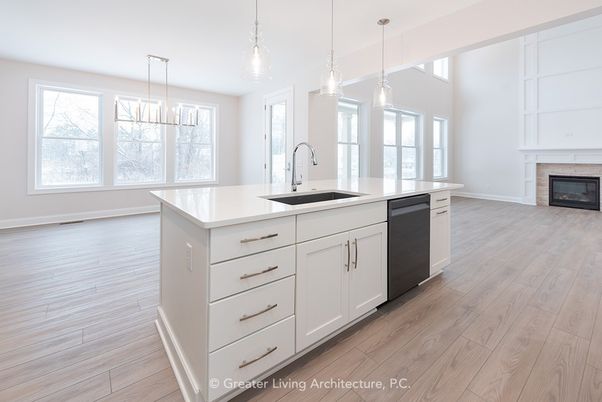 Fireplace, Interior, Kitchen, Pendant Lights, Wood Texture Flooring