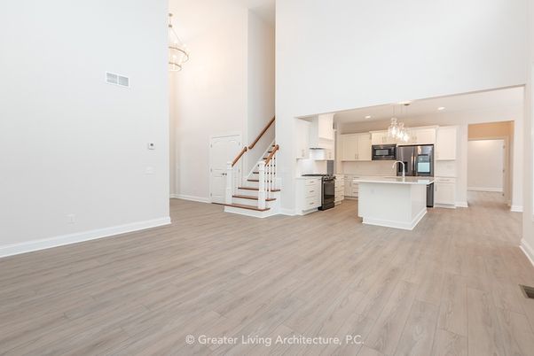 Chandelier, Interior, Kitchen, Pendant Lights, Recessed Lighting, Stainless Steel Appliances, Wood Texture Flooring