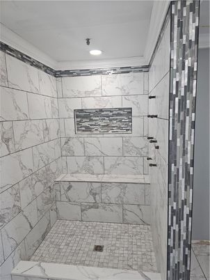 Bathroom, Glass Shower, Interior, Marble Walls, Recessed Lighting