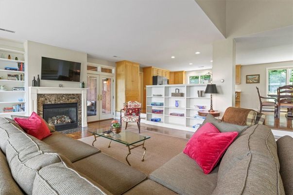 Dining room, Fireplace, Interior, Kitchen, Living room, Recessed Lighting, Wood Texture Flooring