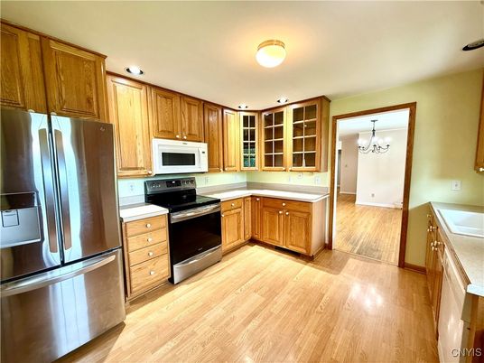 Chandelier, Interior, Kitchen, Stainless Steel Appliances, Wood Texture Flooring