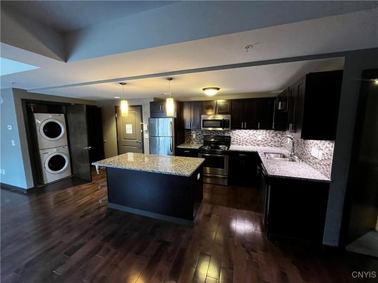 Interior, Kitchen, Pendant Lights, Stainless Steel Appliances, Washer, Wood Texture Flooring