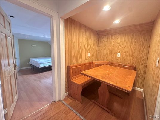 Bedroom, Interior, Recessed Lighting, Wood Texture Flooring, Wooden Walls