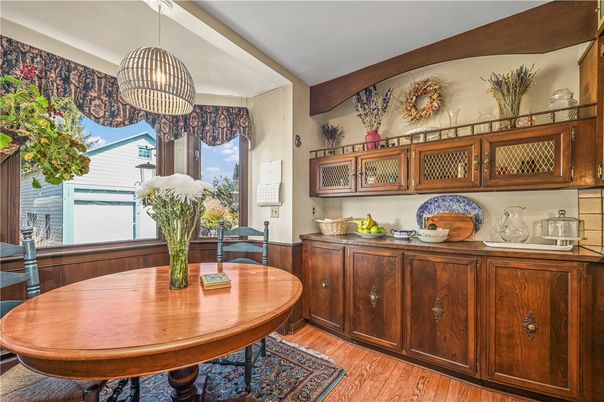 Dining room, Interior, Pendant Lights, Wood Texture Flooring