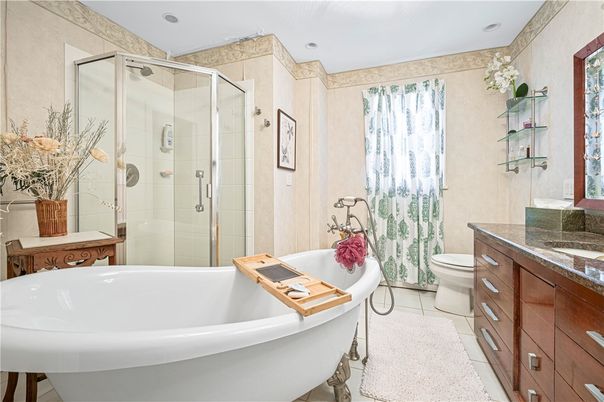 Bathroom, Free Standing Baths, Glass Shower, Interior, Recessed Lighting