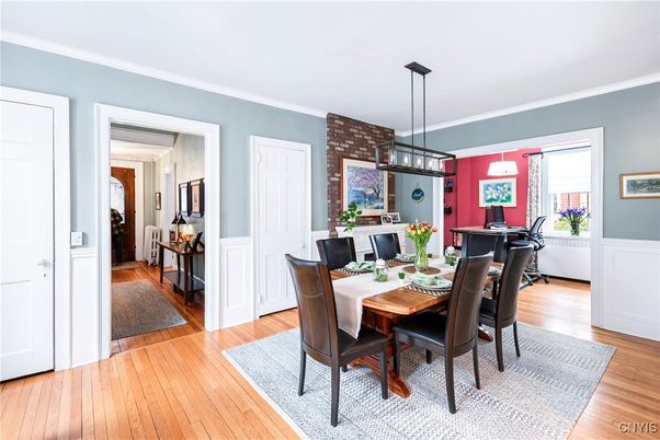 Dining room, Interior, Pendant Lights, Wood Texture Flooring