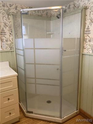 Bathroom, Glass Shower, Interior, Wood Texture Flooring